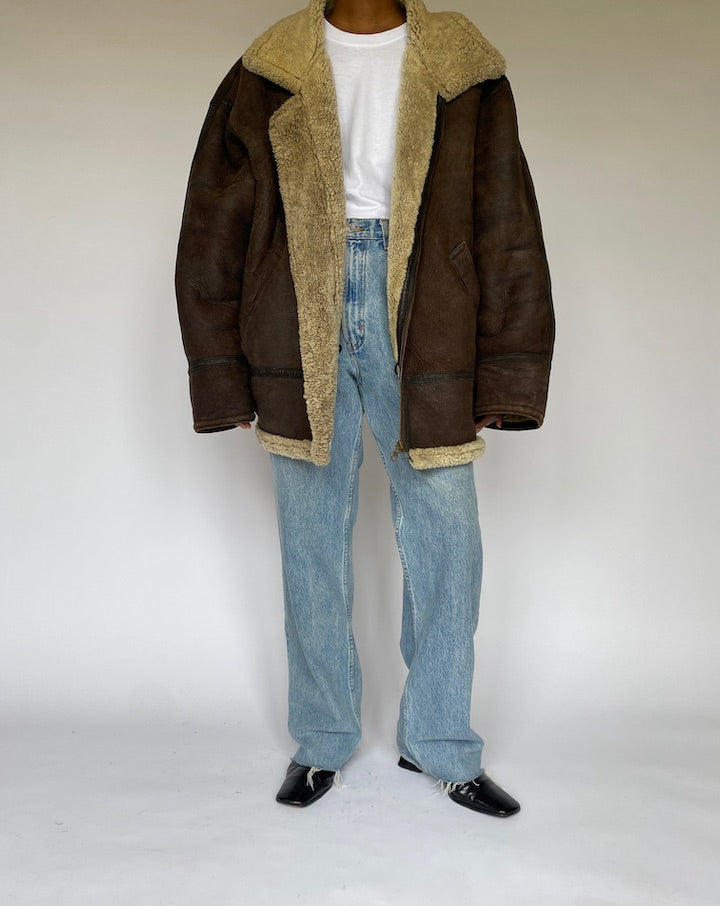 VINTAGE OVERSIZED BROWN SHEARLING JACKET IN LEATHER 4958