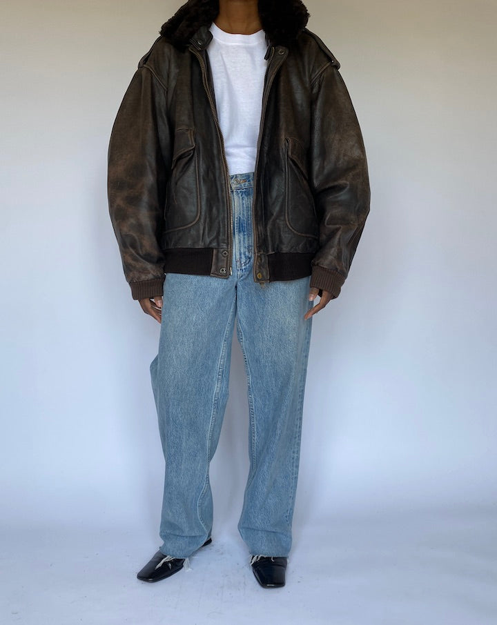 VINTAGE OVERSIZED DARK BROWN BOMBER LEATHER JACKET WITH DETACHABLE COLLAR 4978