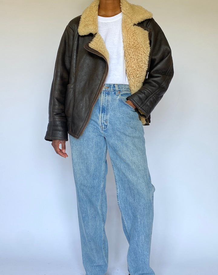 VINTAGE BROWN LEATHER JACKET WITH SHEARLING LINING 4983