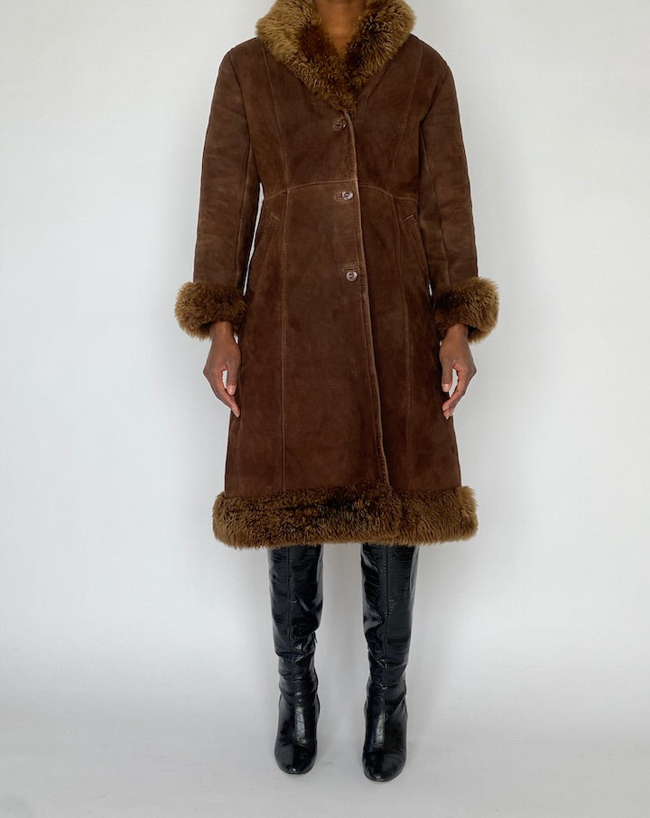 VINTAGE LONG BROWN SHEARLING LEATHER JACKET 4987