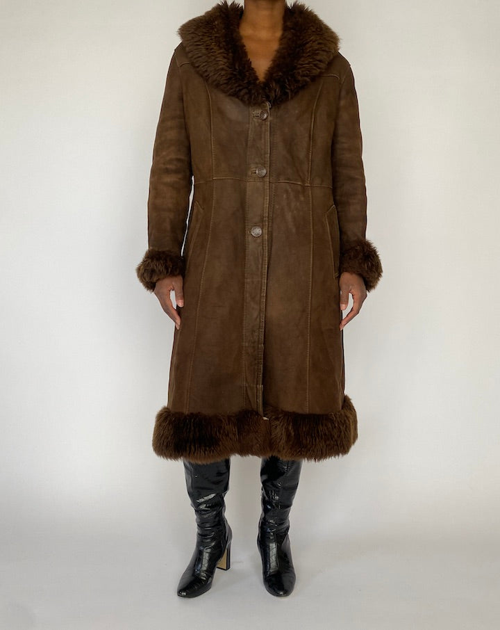 VINTAGE LONG BROWN LEATHER COAT 4988