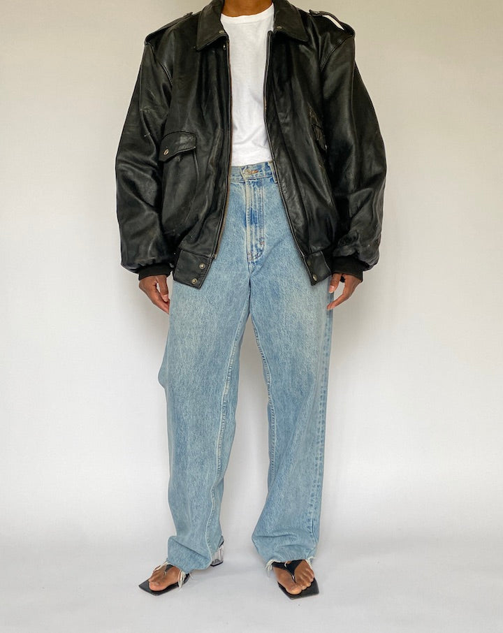 VINTAGE BLACK OVERSIZED BOMBER LEATHER JACKET 5007