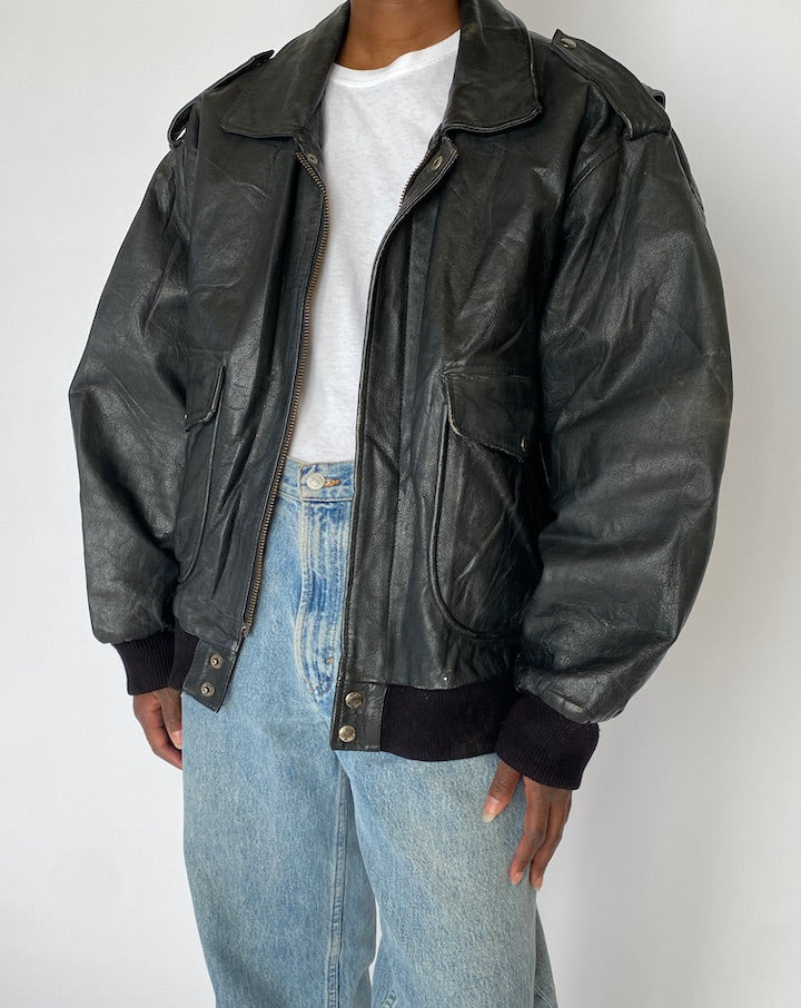 VINTAGE BLACK BOMBER LEATHER JACKET 5016