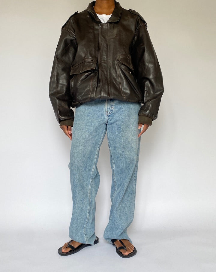 VINTAGE OVERSIZED DARK BROWN BOMBER LIKE LEATHER JACKET 5069