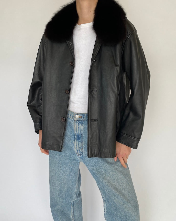 Vintage Black Leather Jacket with Fur Collar 5115