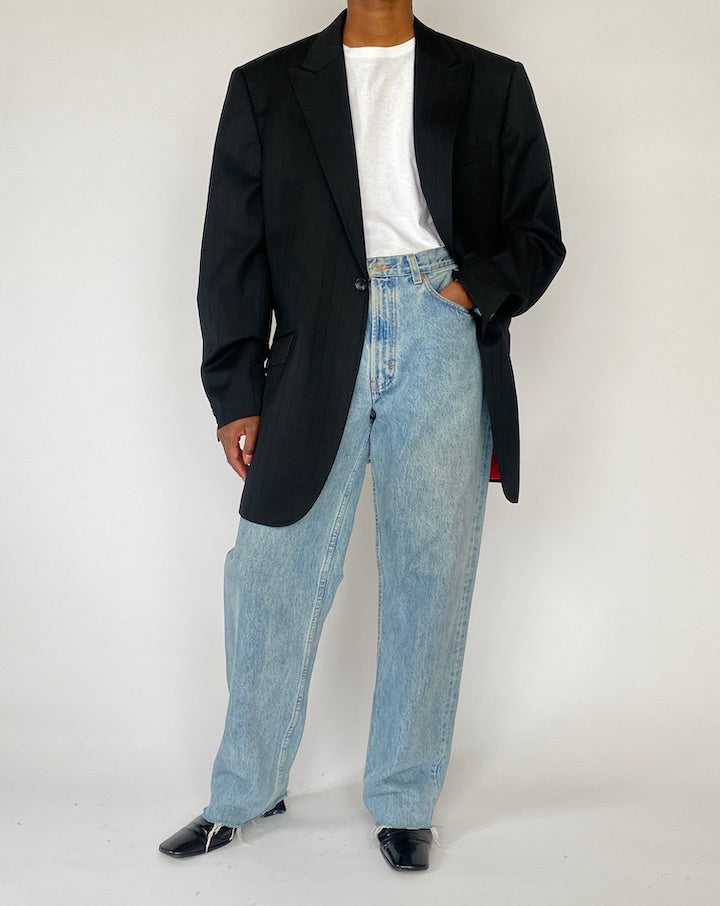Vintage Oversized Black Pinstriped Wool Blazer 5157