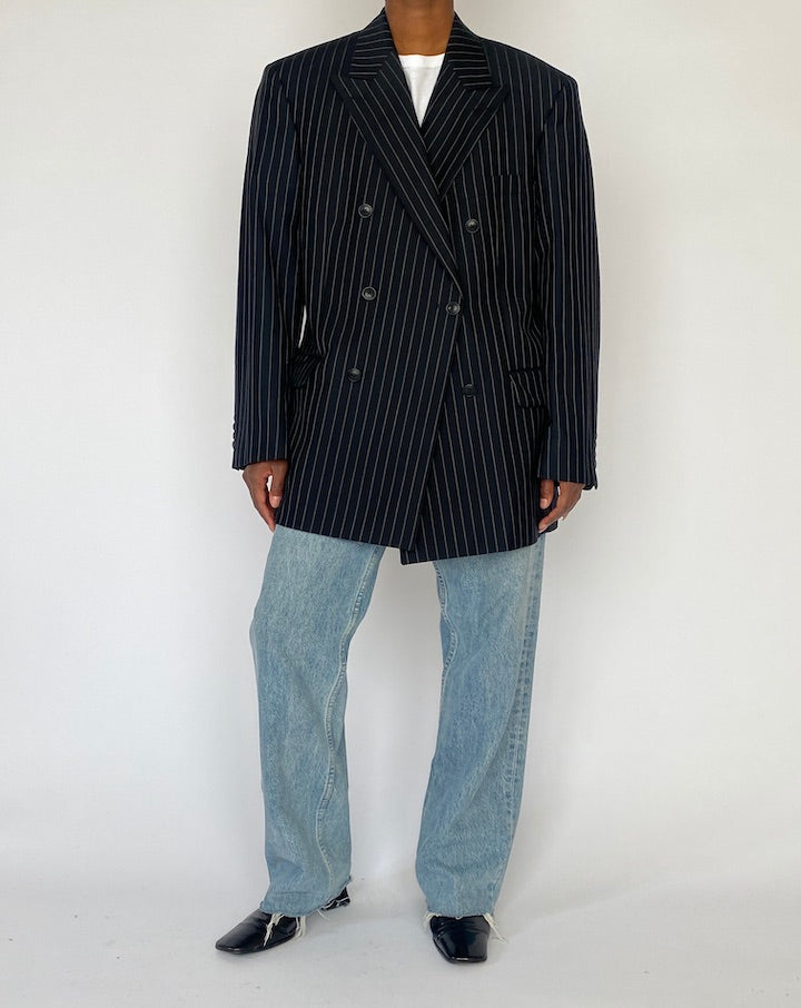VINTAGE BLACK PINSTRIPED WOOL BLAZER 5161
