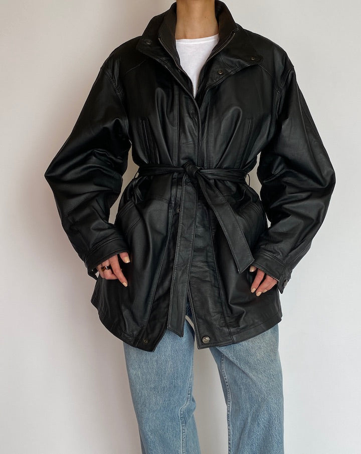 Vintage Oversized Black Trench Leather Jacket 5214