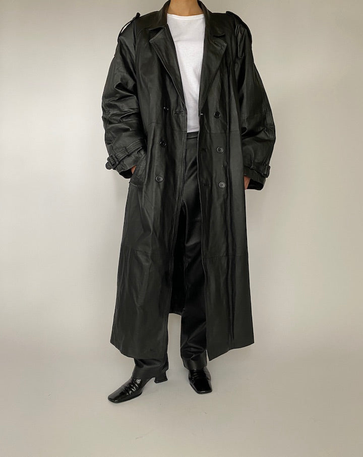 VINTAGE OVERSIZED LONG BLACK LEATHER TRENCH COAT 5217