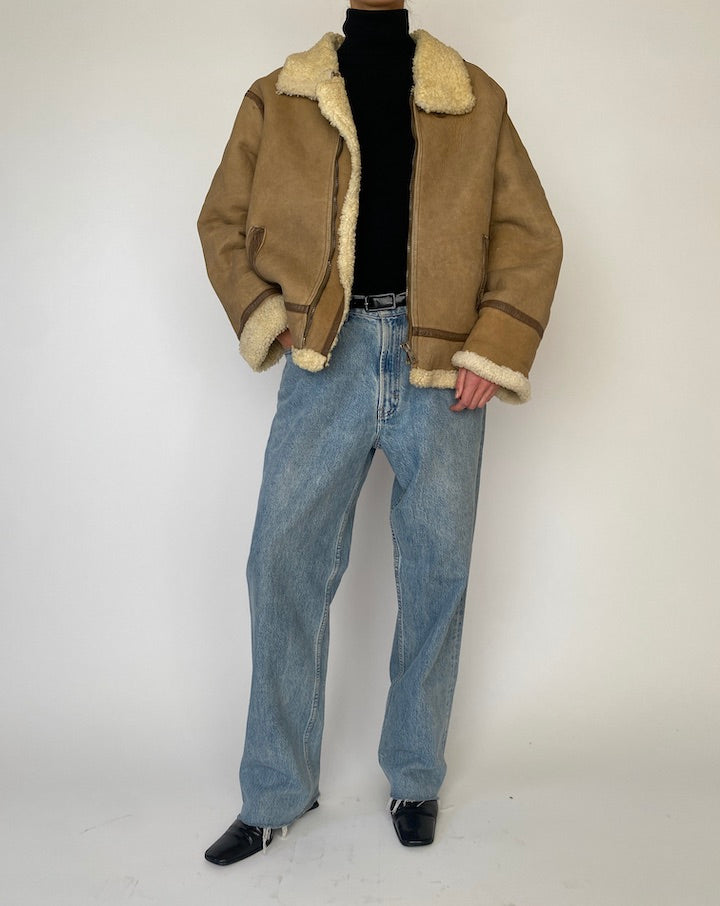 Vintage Beige Shearling Leather Jacket 5262