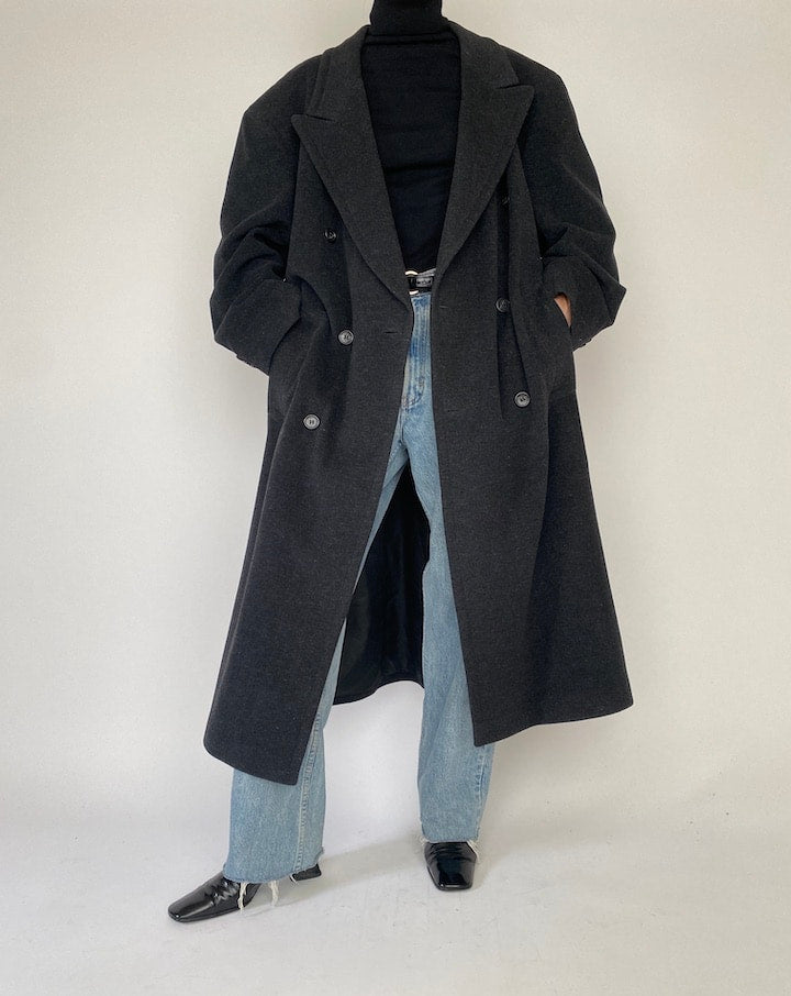 Vintage Oversized Grey Long Hugo Boss Wool Coat 5279