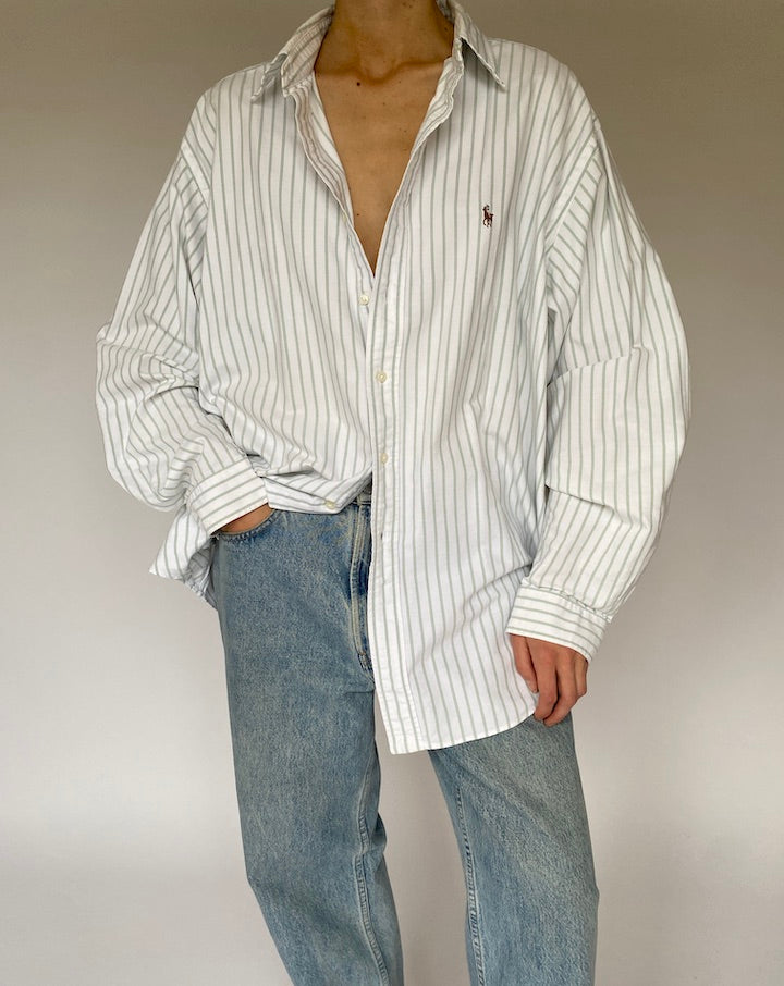 Vintage Oversized Cream and Green Striped Shirt 5329