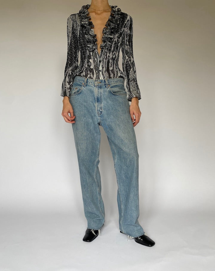 Vintage Black and White Patterned Ruffled Blouse 5336