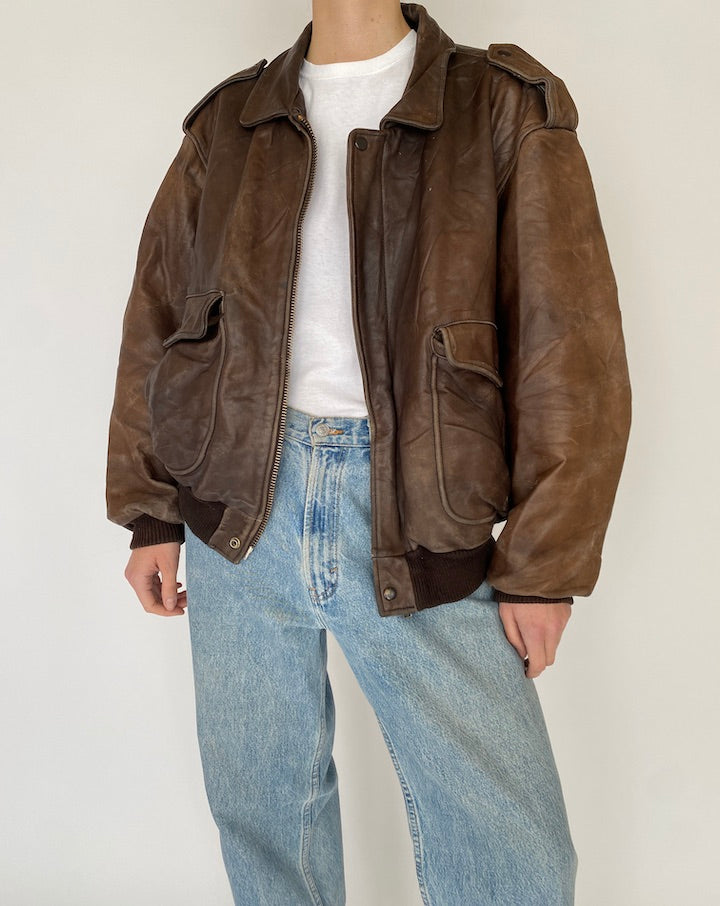 Vintage Brown Bomber Like Leather Jacket 5349