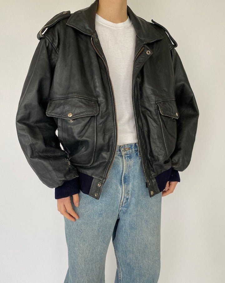 Vintage Black Bomber Leather Jacket 5367