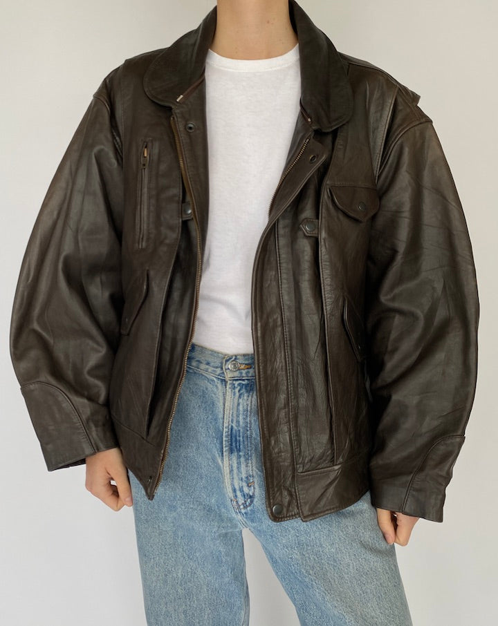 Vintage oversized leather jacket in dark brown 5413