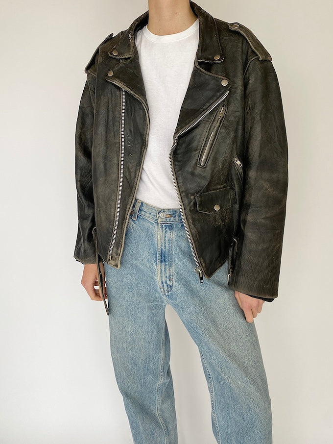 Vintage distressed biker jacket in black 5452