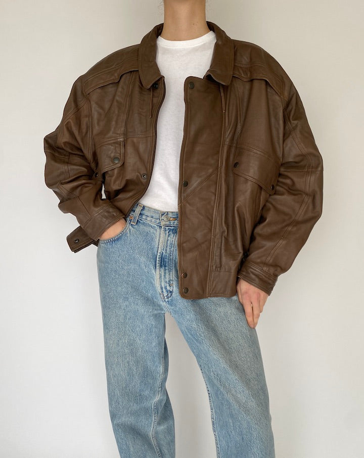 Vintage Brown Oversized Leather Jacket 5468