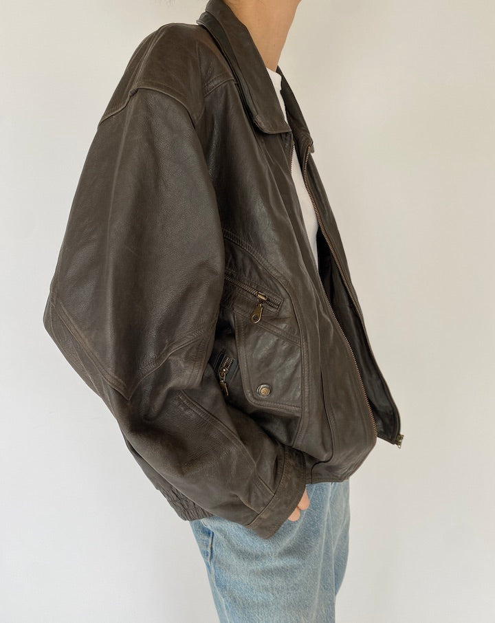 Vintage Oversized Leather Jacket in Dark Brown 5473