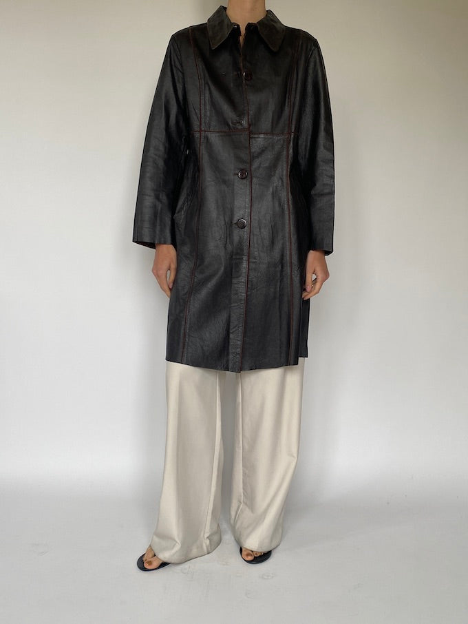 Vintage long leather coat in chocolate brown 5628