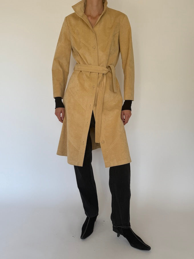 Vintage faux suede long trench coat in beige 5753