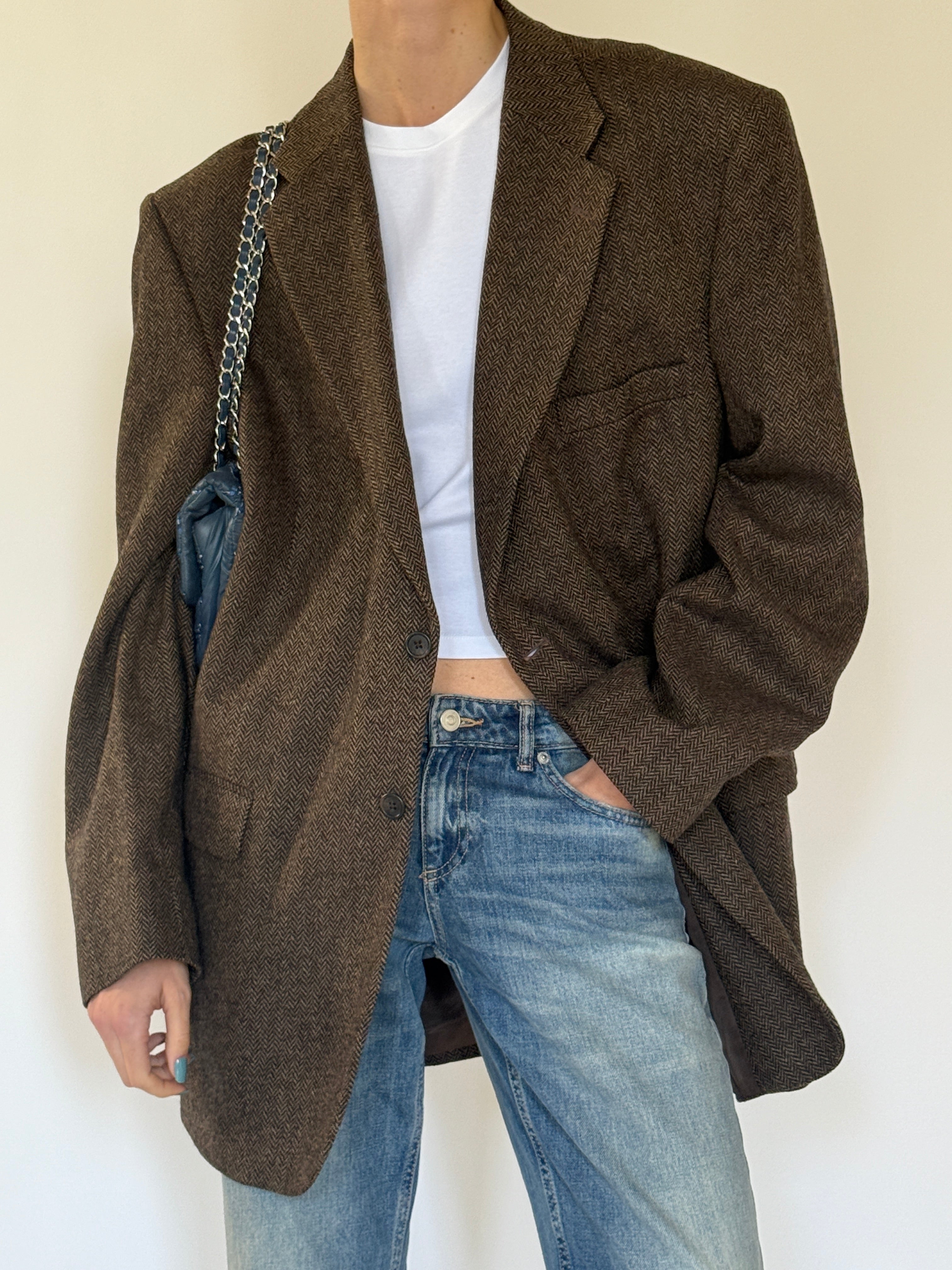 Vintage Oversized Herringbone Wool Blazer Brown 7250