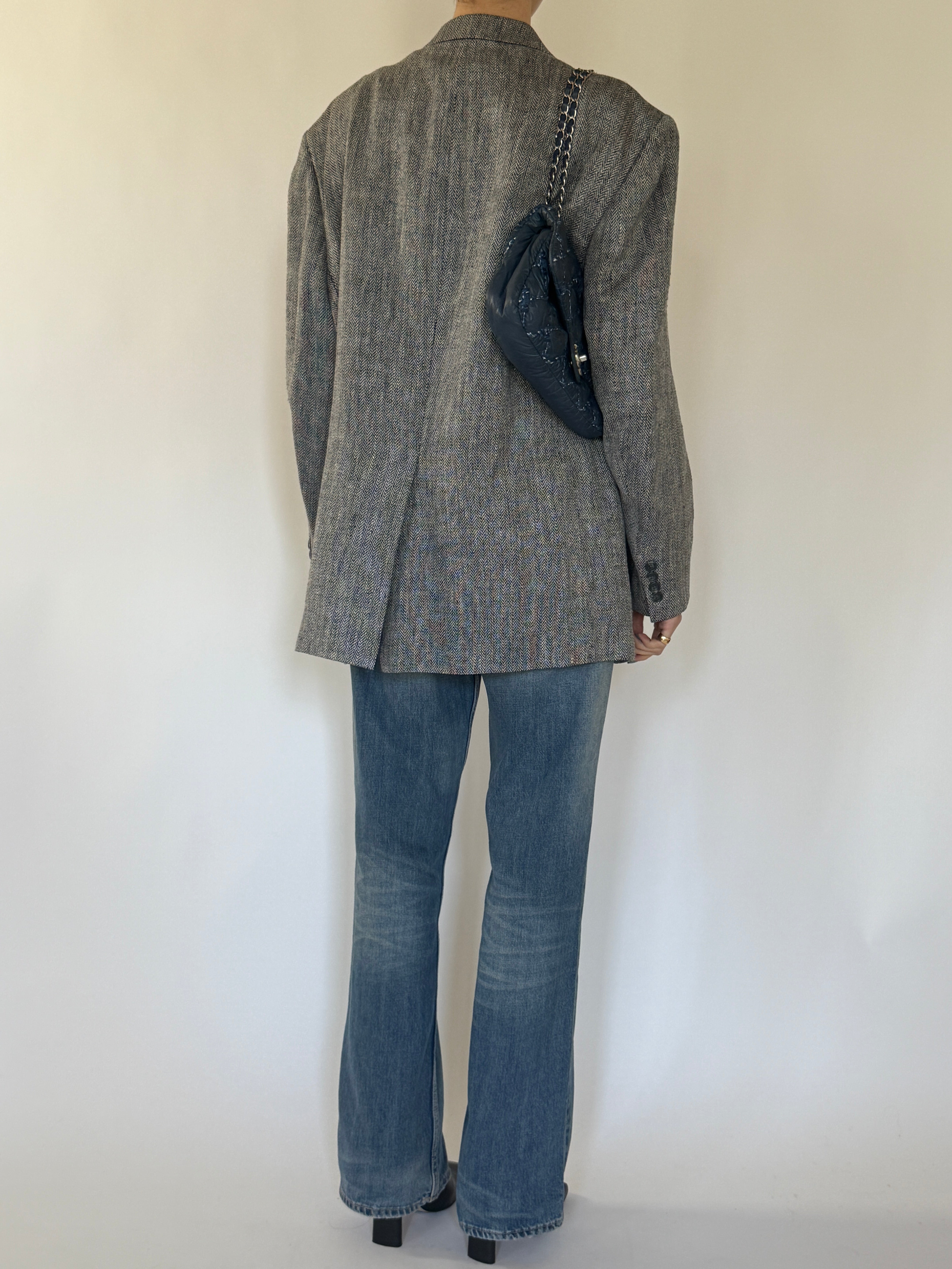 Vintage Herringbone Silk Blazer Grey 7137