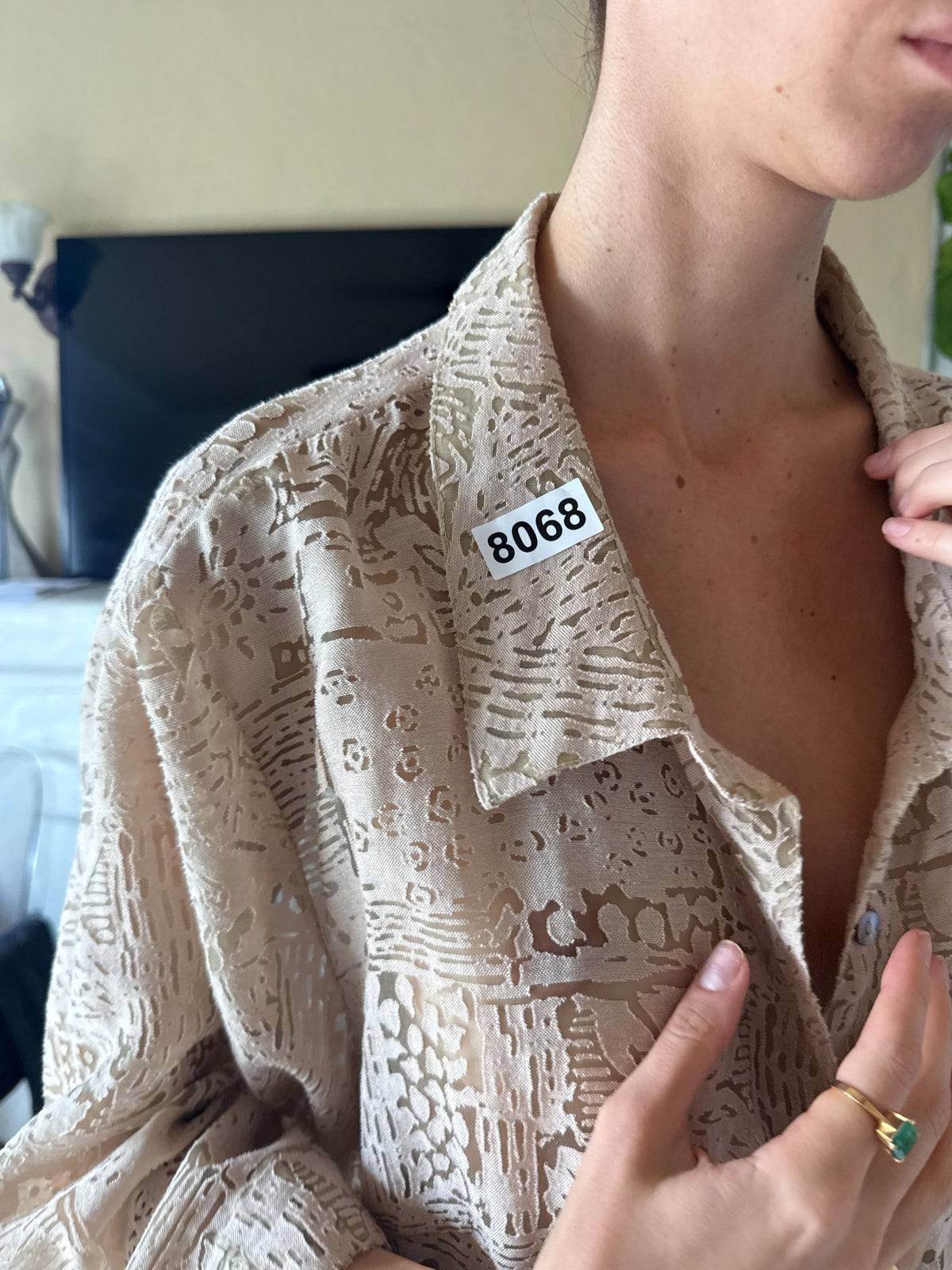 Oversized beige abstract burnout patterned button-up blouse
