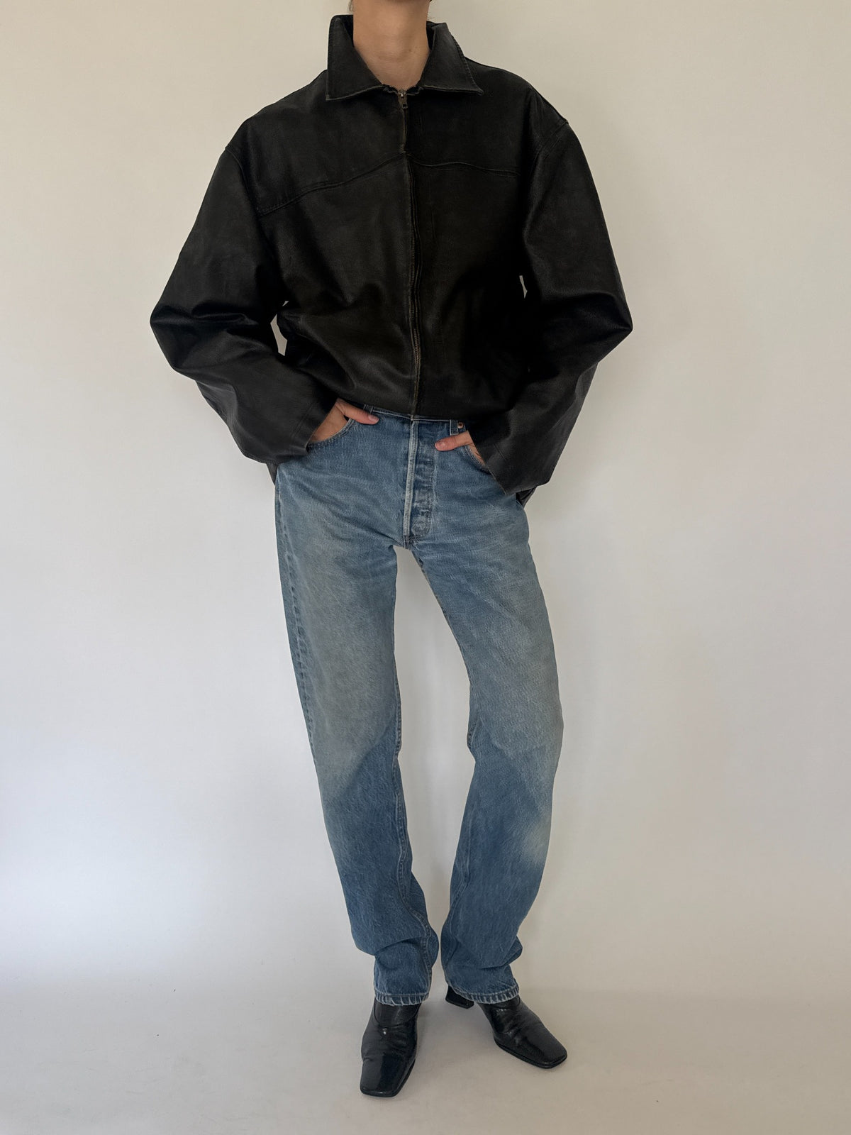 Vintage oversized black faux leather jacket, view 1