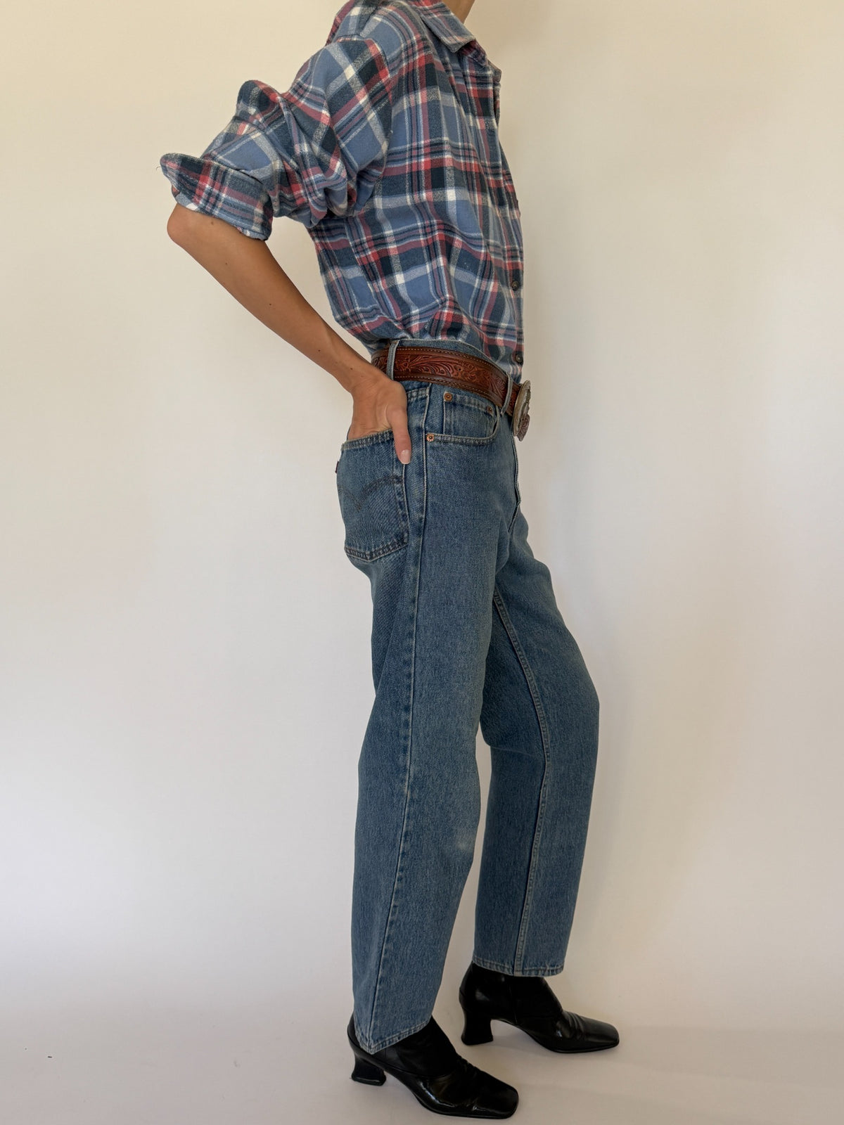 Vintage blue and red plaid shirt modeled, SKU 8430