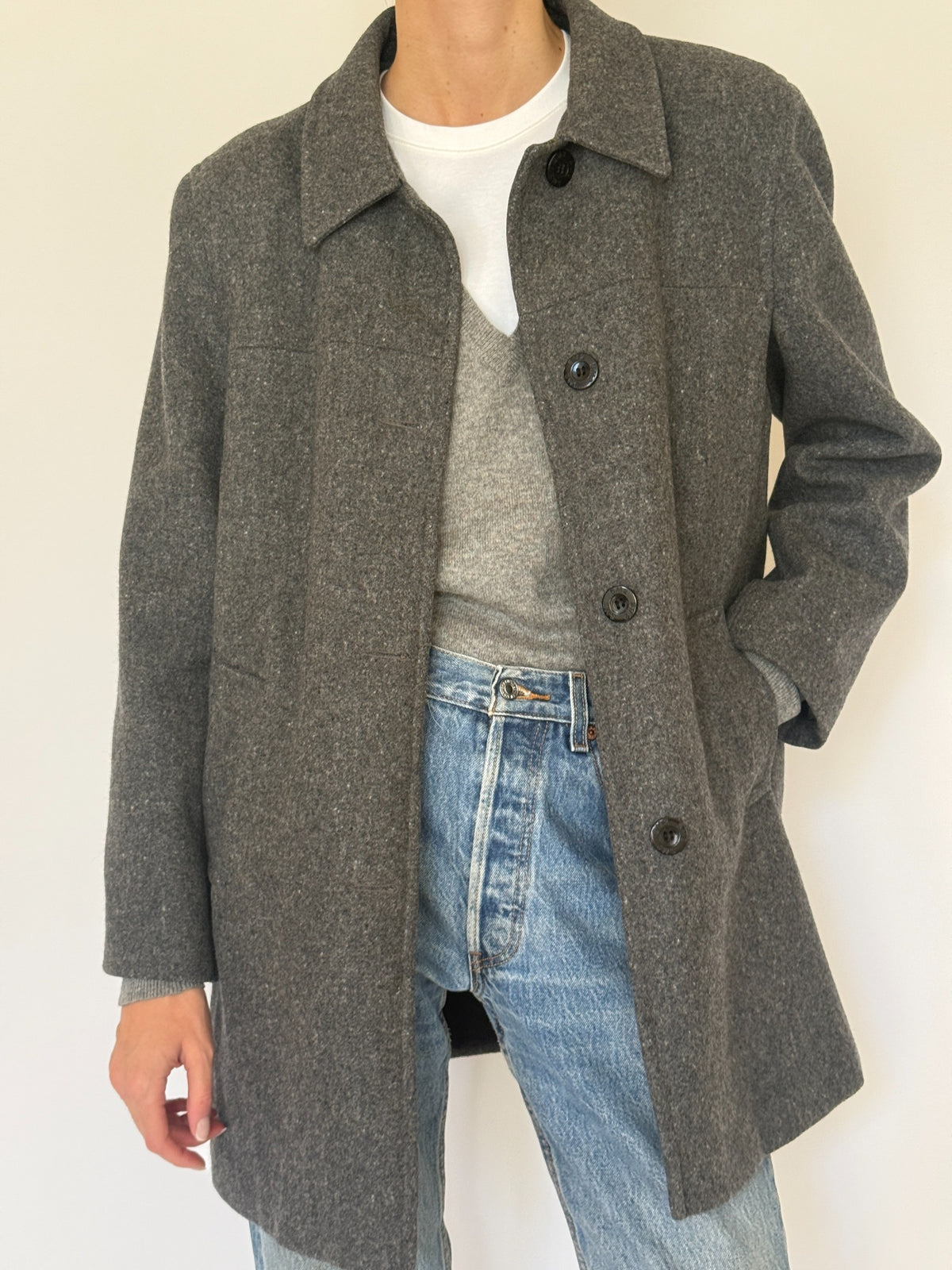 Vintage charcoal grey wool coat, view 3