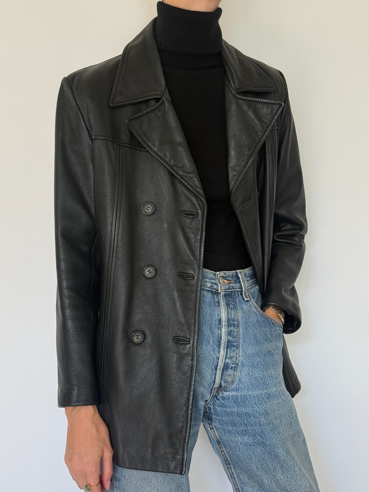 Vintage black double-breasted leather blazer detail and styling