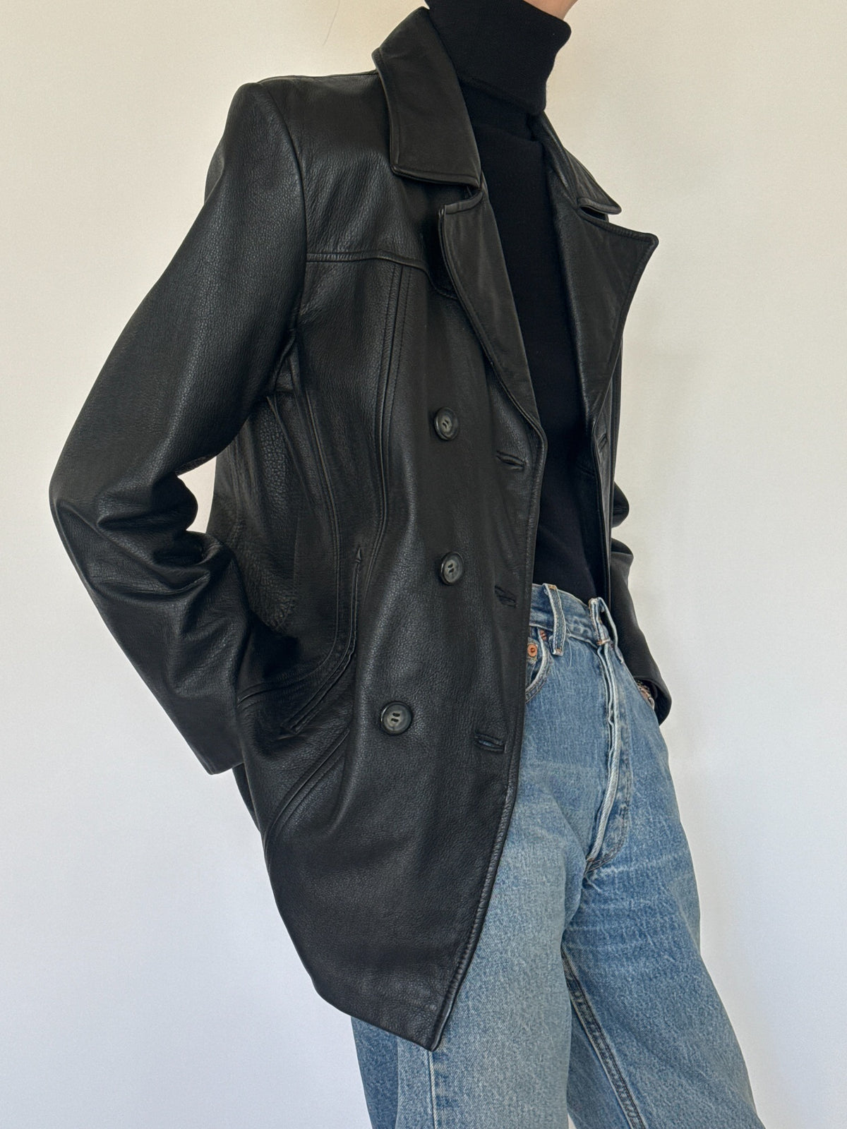 Vintage black double-breasted leather blazer detail and styling