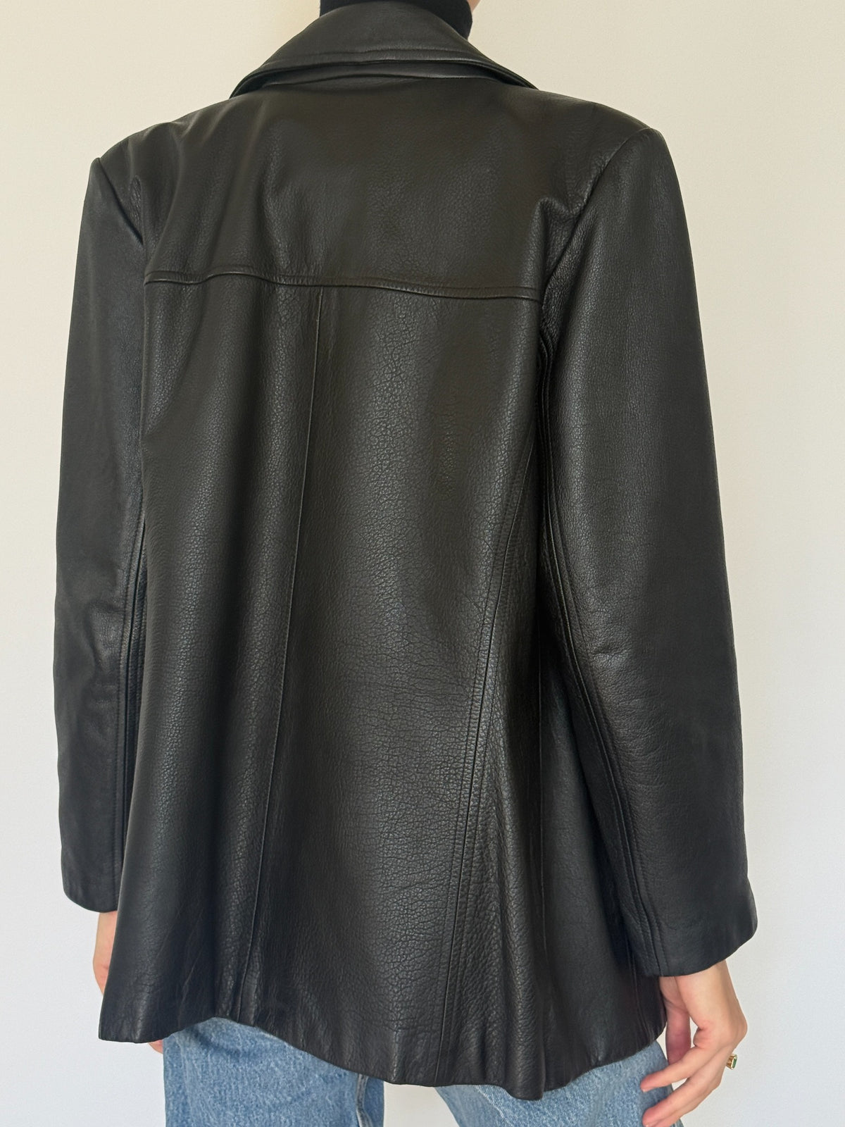 Vintage black double-breasted leather blazer detail and styling