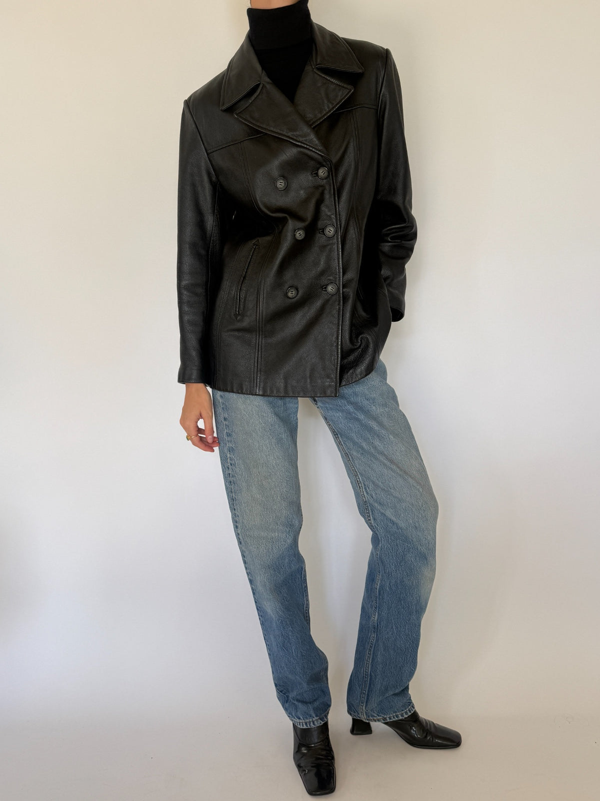 Vintage black double-breasted leather blazer detail and styling