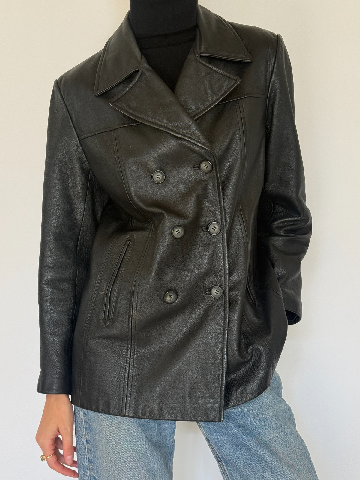 Vintage black double-breasted leather blazer detail and styling