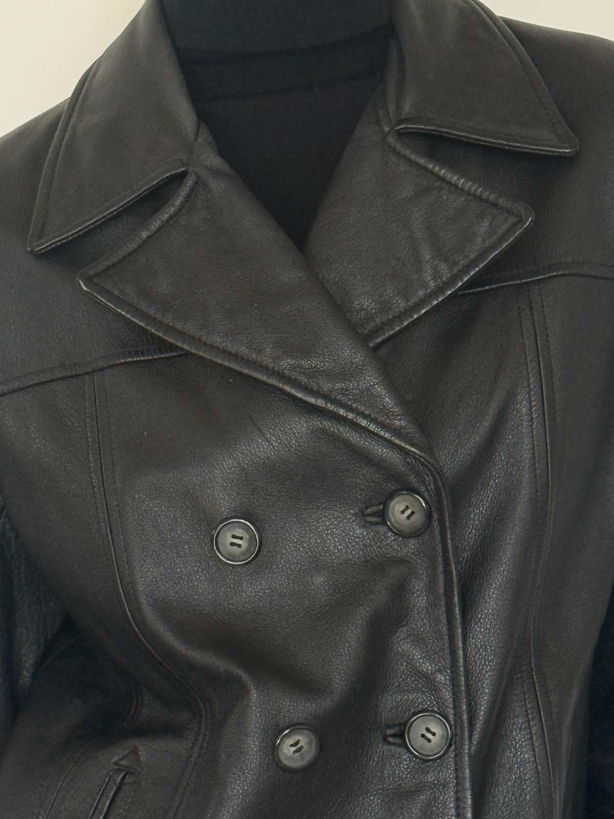 Vintage black double-breasted leather blazer detail and styling