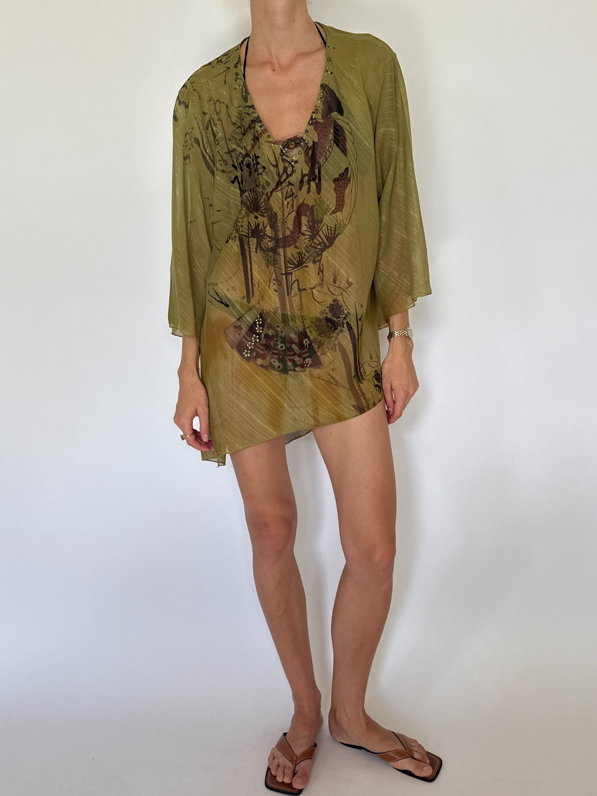 Olive green semi-sheer printed swim cover-up with metallic threads