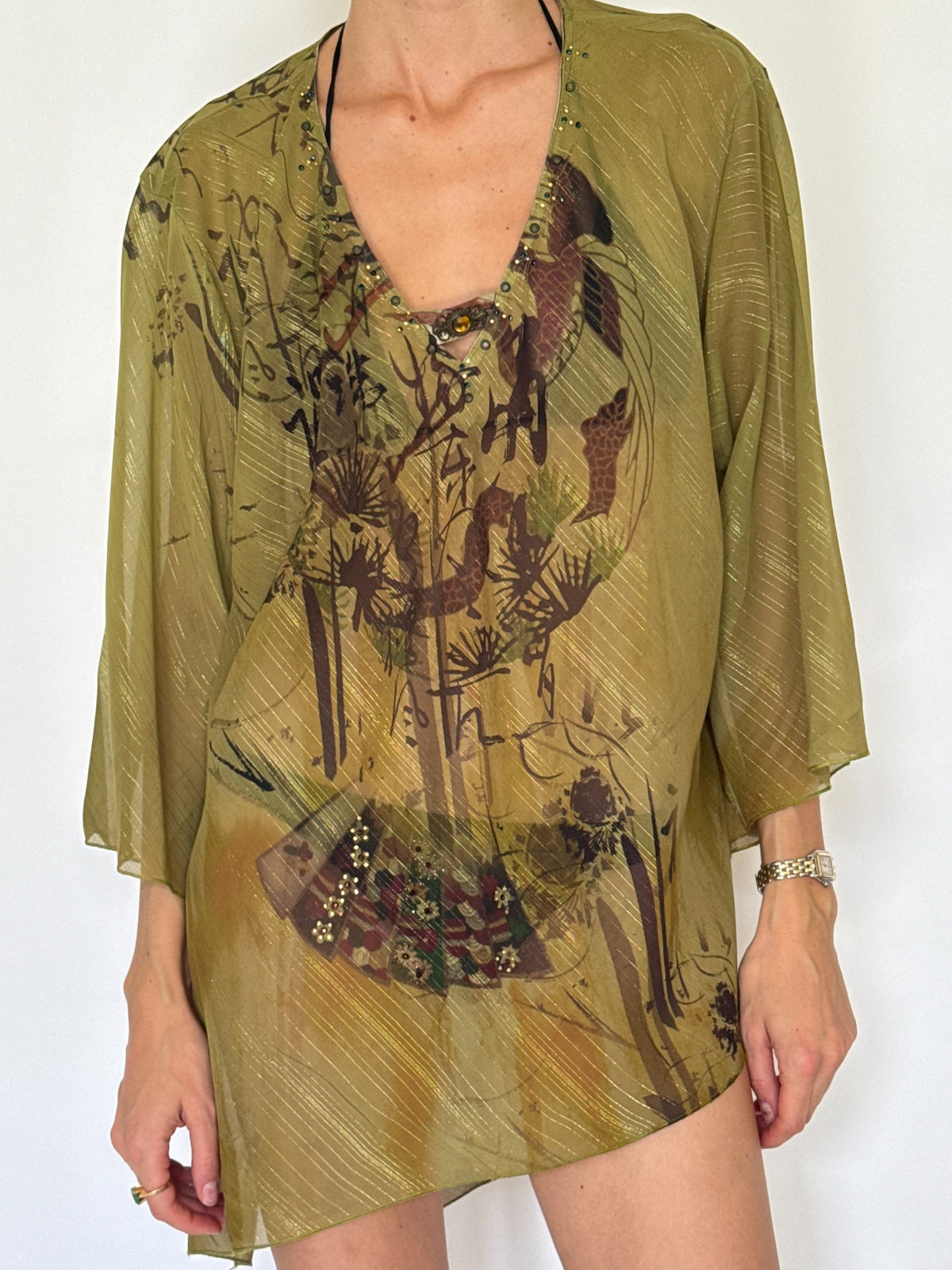 Olive green semi-sheer printed swim cover-up with metallic threads