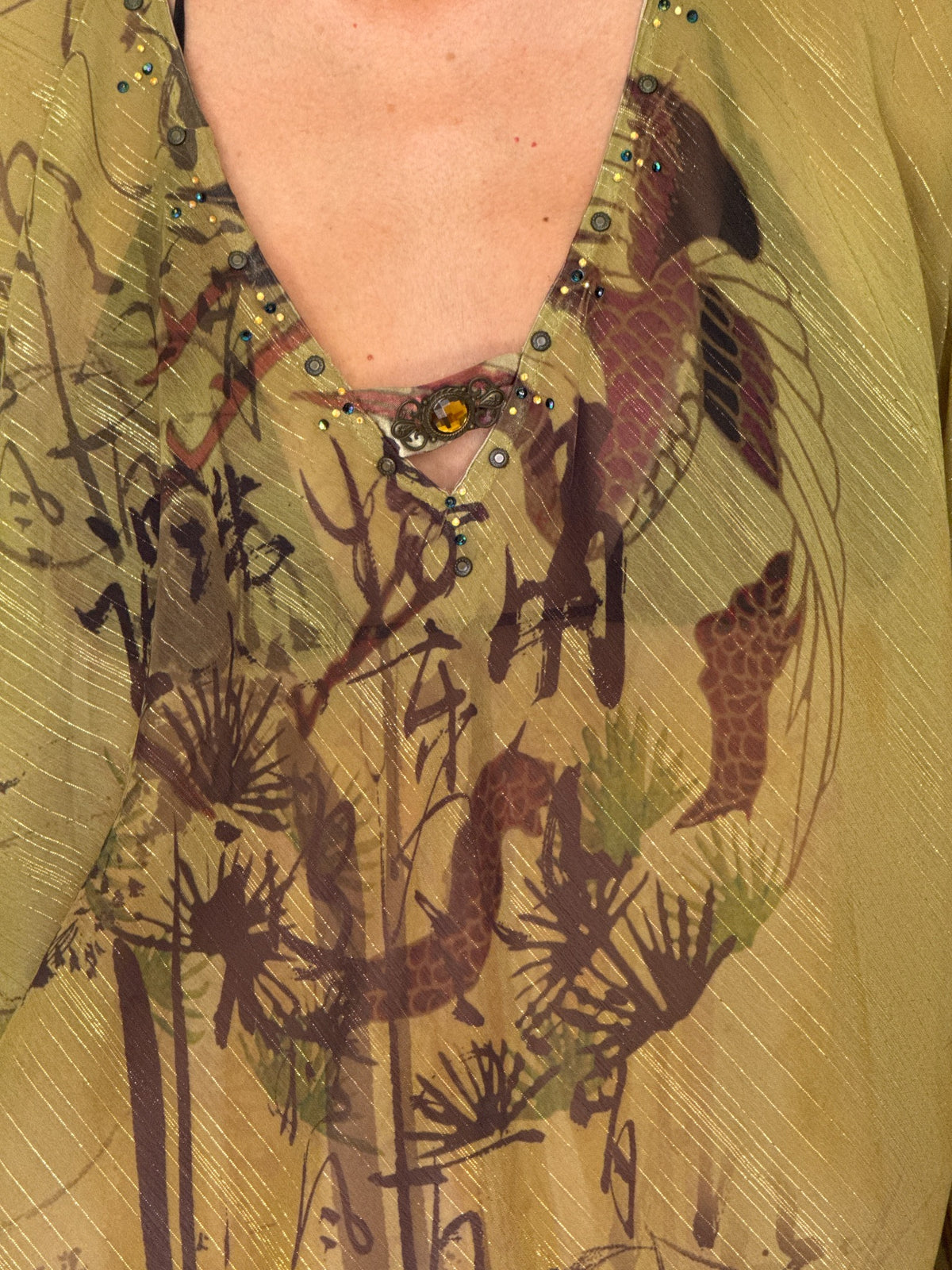 Olive green semi-sheer printed swim cover-up with metallic threads