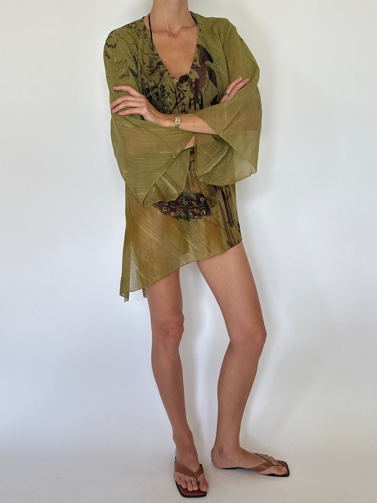 Olive green semi-sheer printed swim cover-up with metallic threads