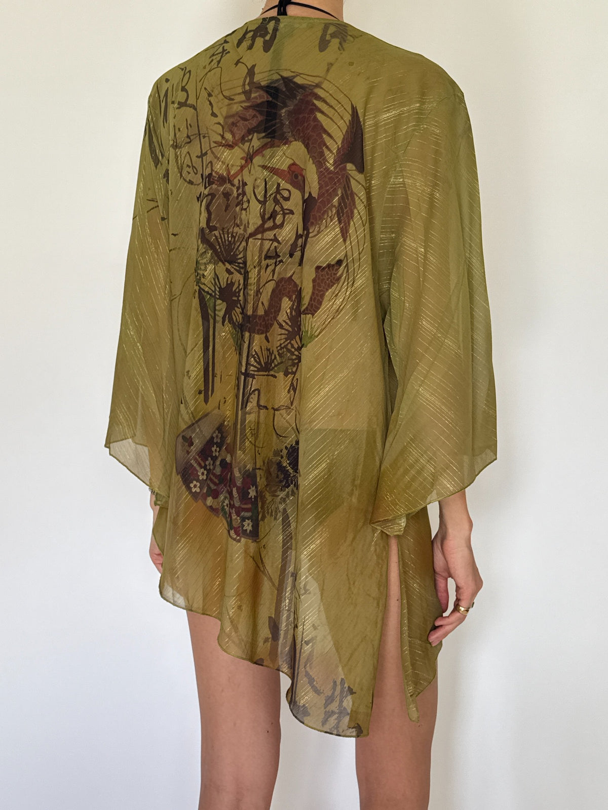 Olive green semi-sheer printed swim cover-up with metallic threads