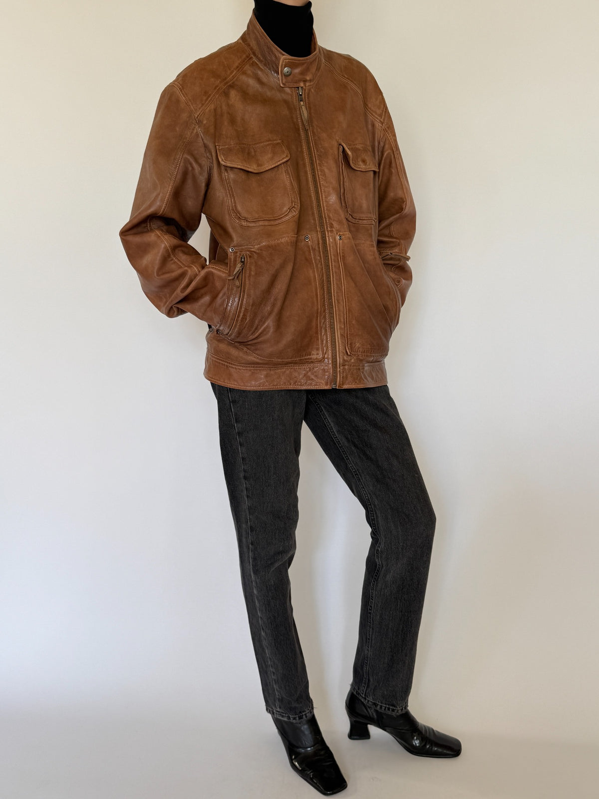 Vintage cognac brown leather multi-pocket zip jacket
