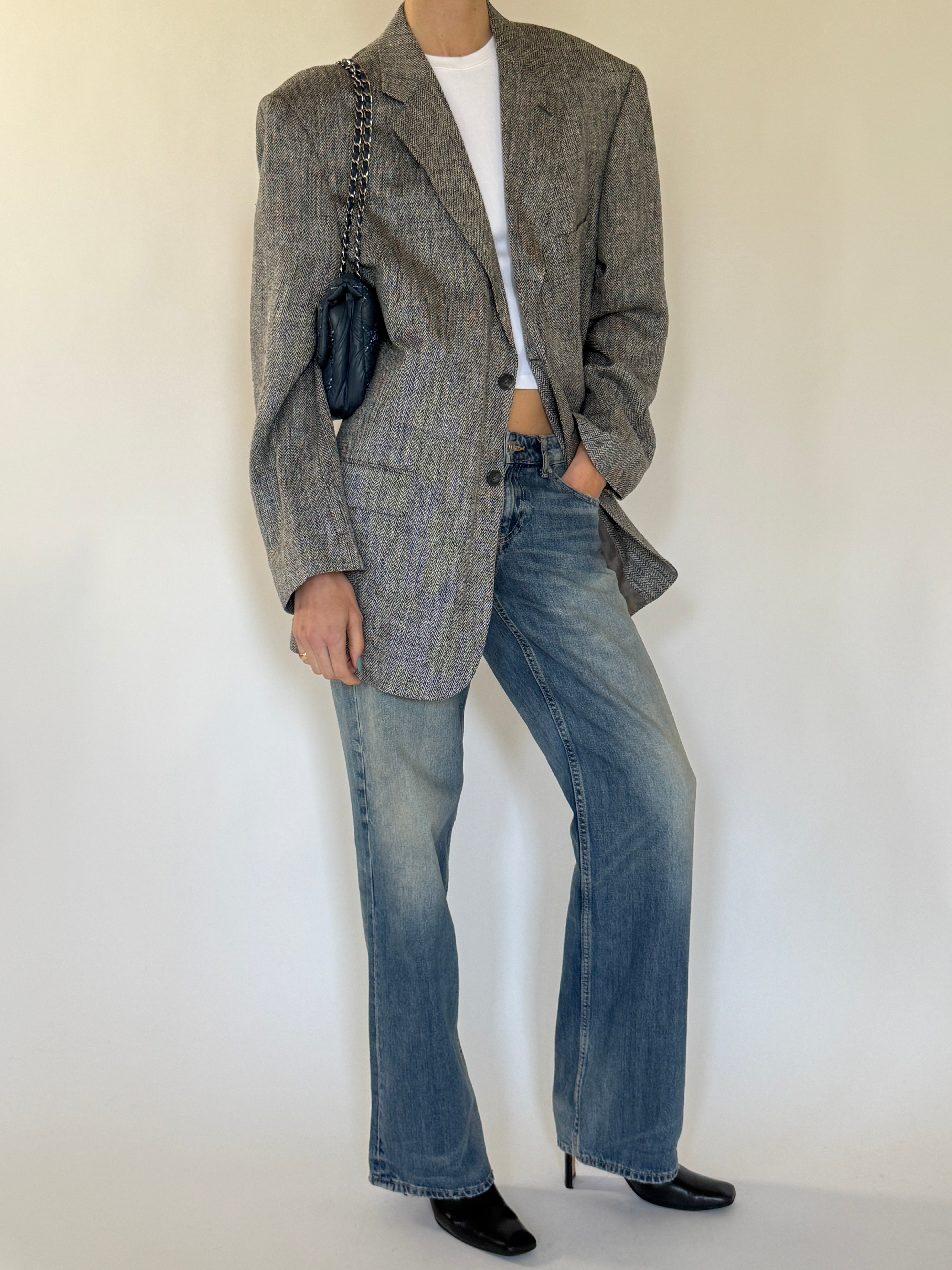 Vintage Herringbone Silk Blazer Grey 7137