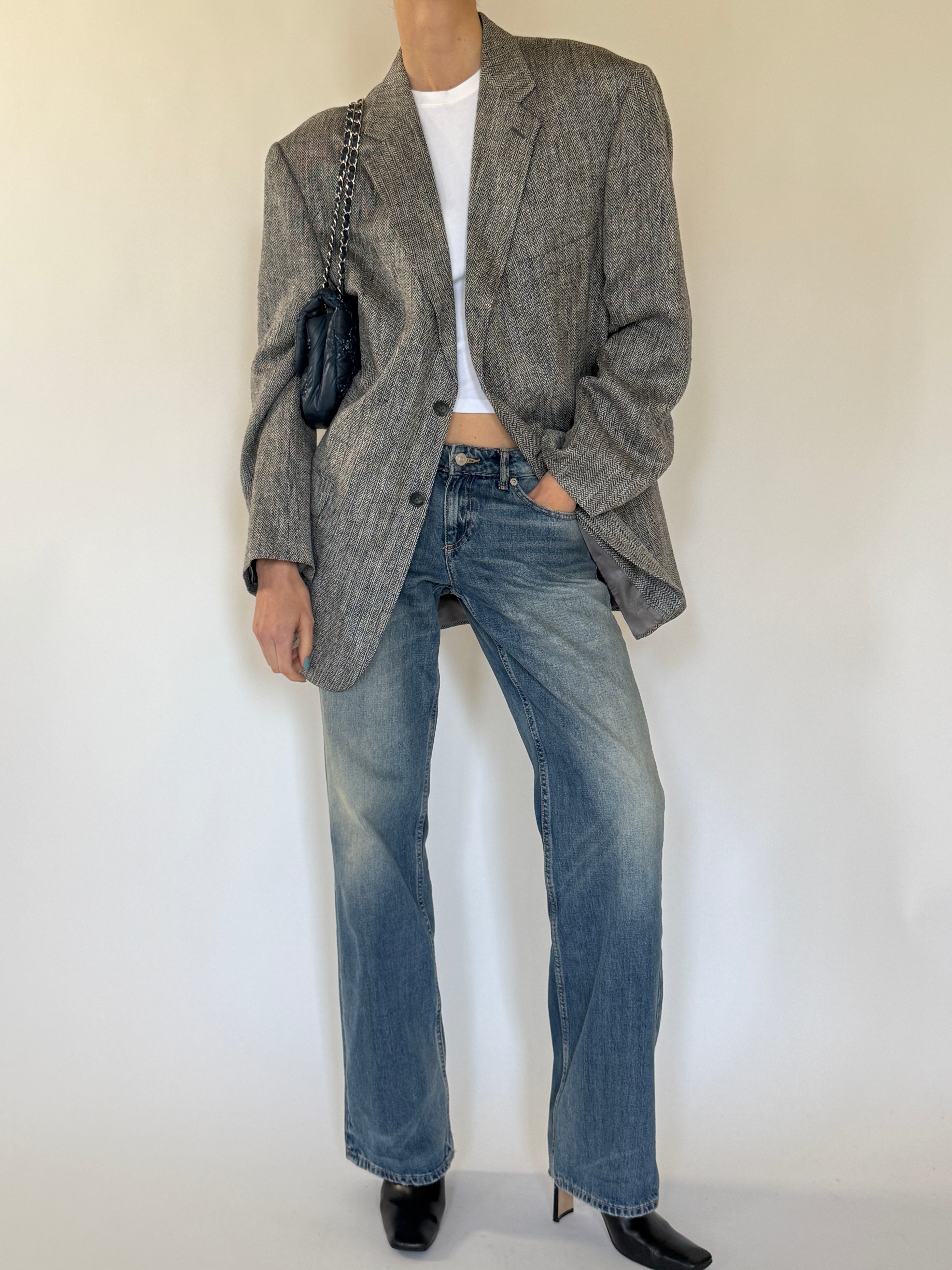 Vintage Herringbone Silk Blazer Grey 7137