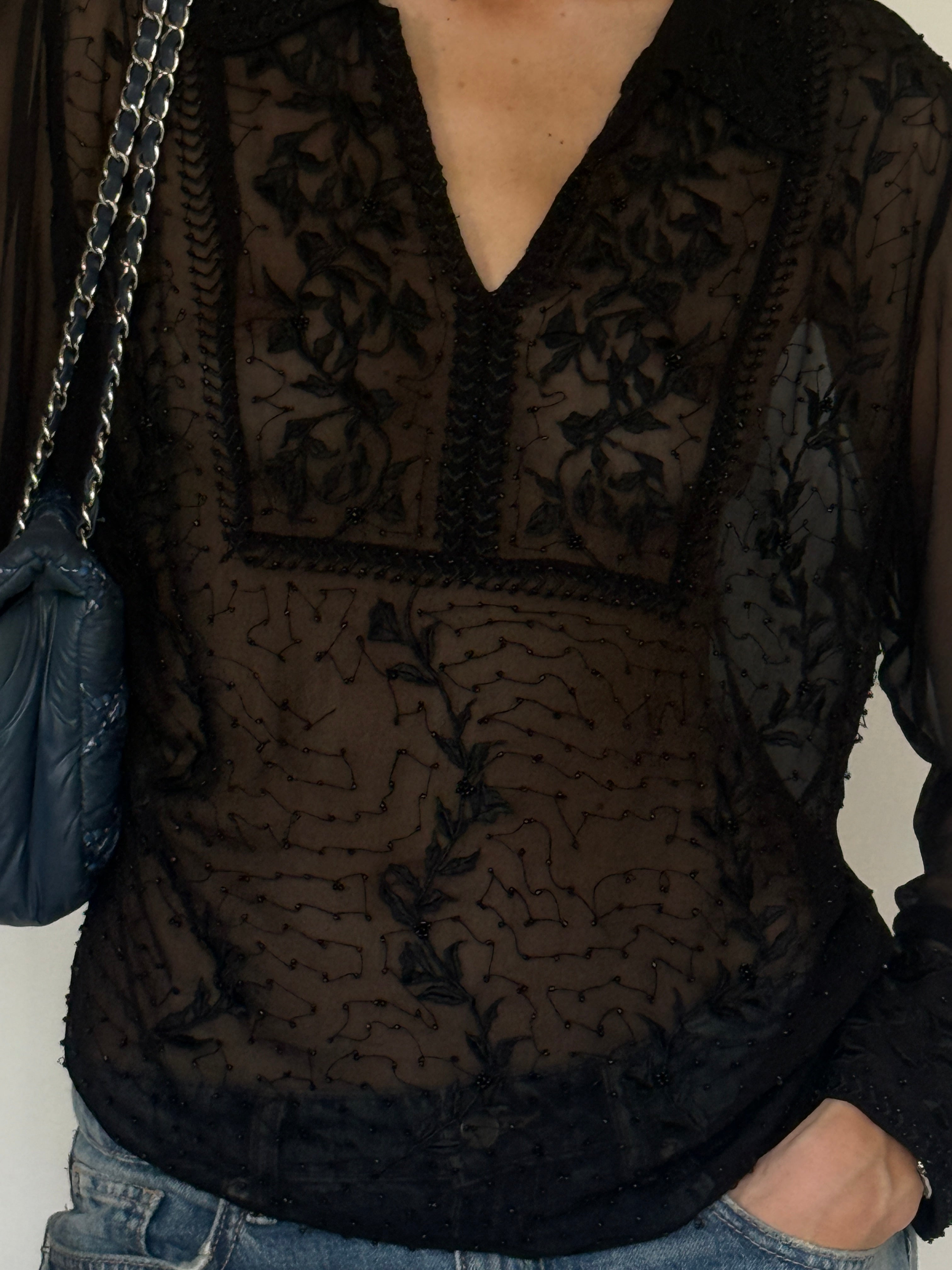 Vintage sheer black embroidered blouse front view