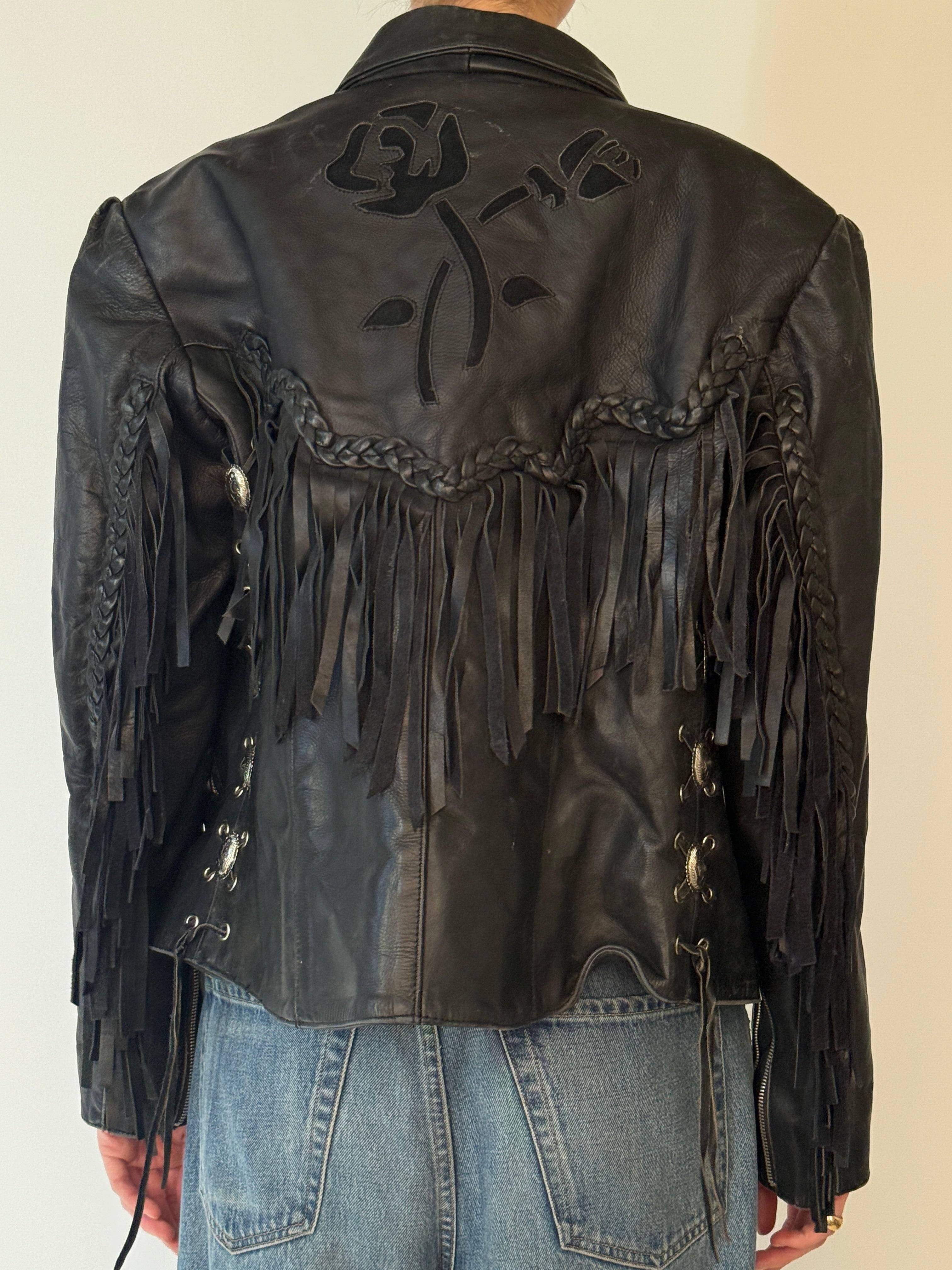 Vintage leather fringe jacket black back appliqué detail