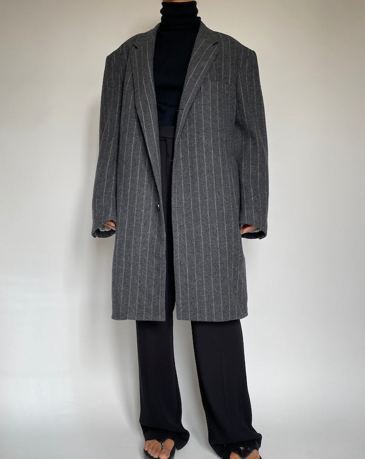 VINTAGE OVERSIZED GREY PINSTRIPED COAT 2217
