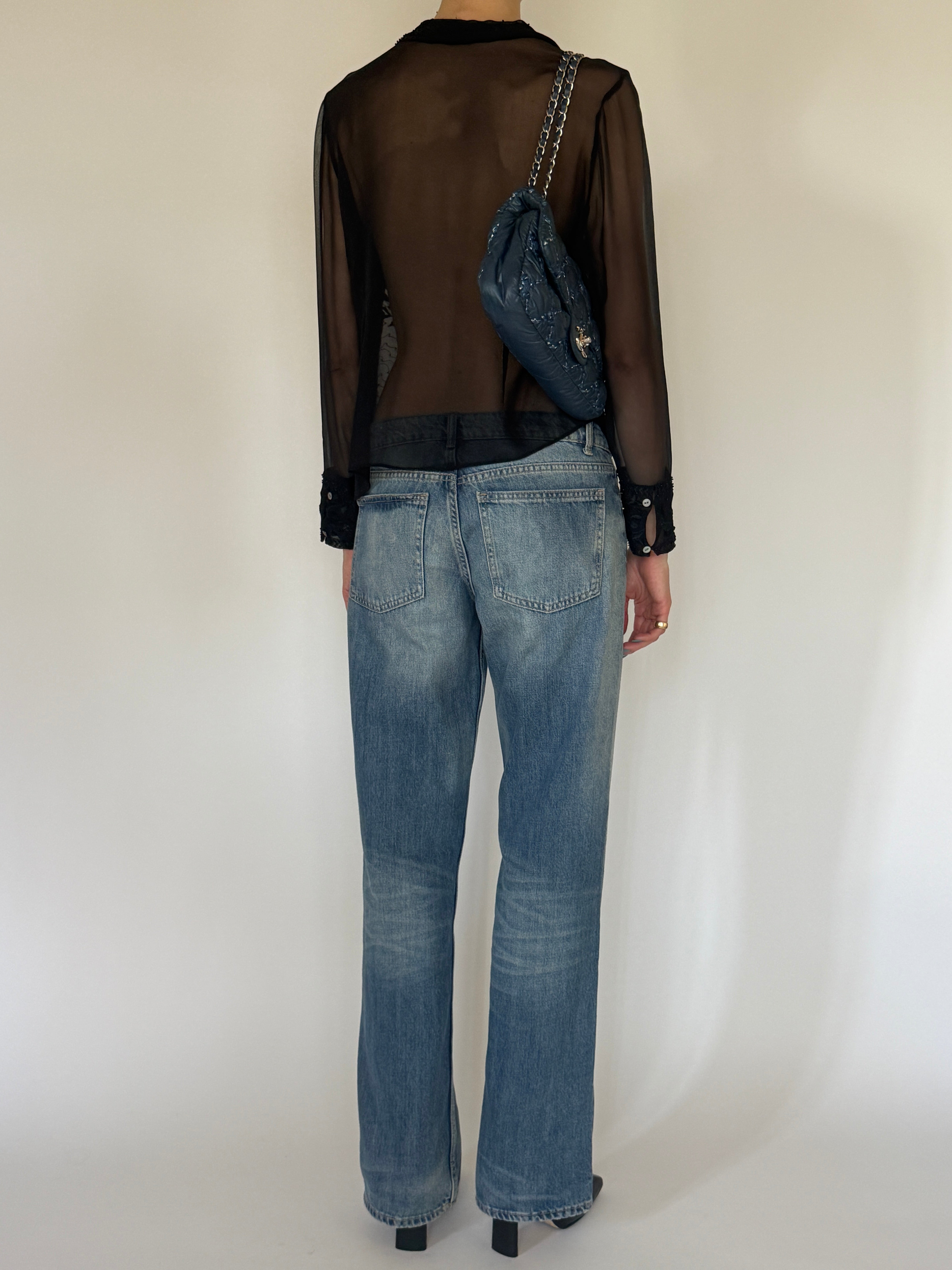 Vintage sheer black embroidered blouse back view