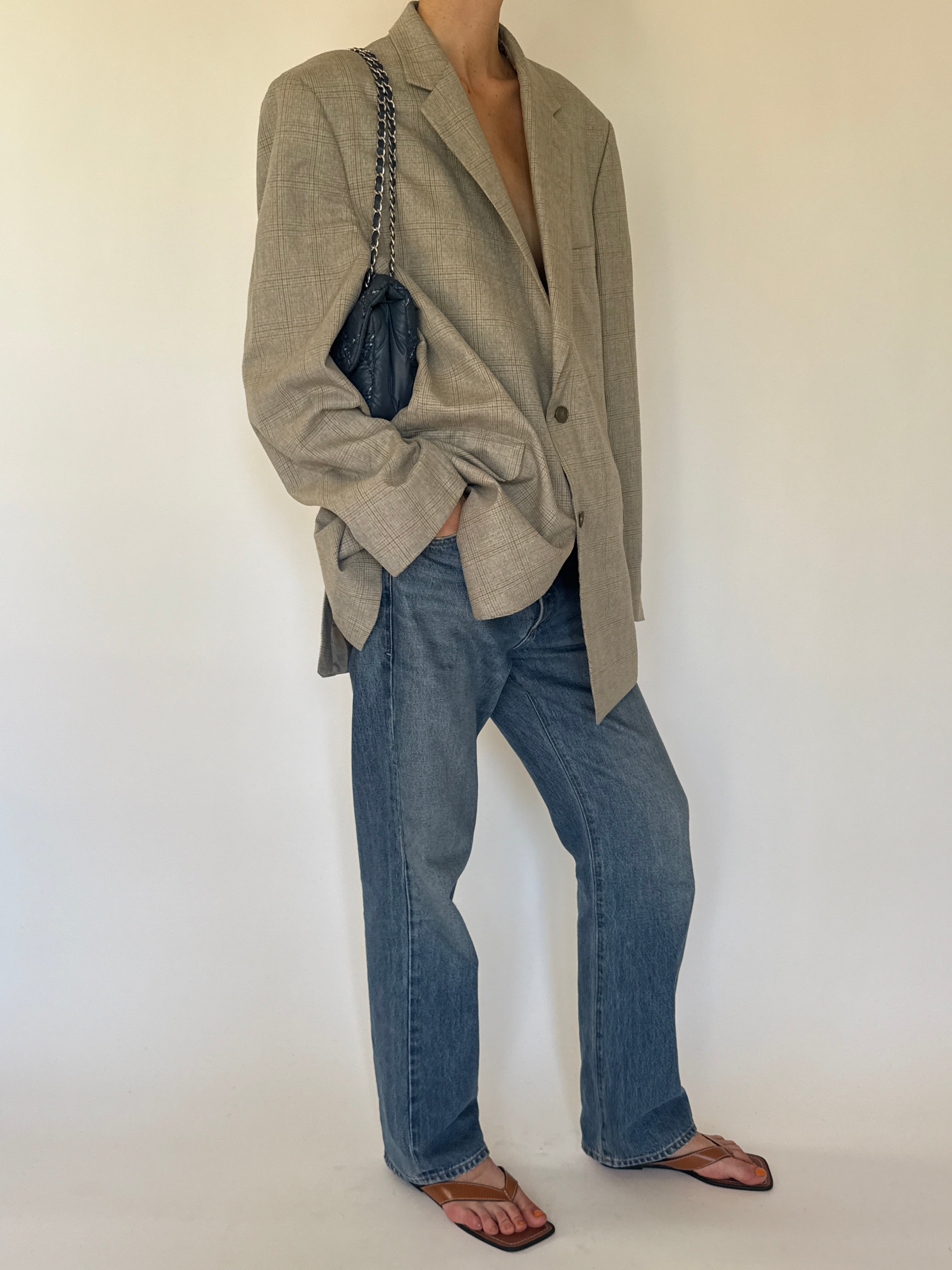 Vintage beige checked oversized blazer side view
